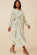 HK1223 Sage Womens Patch print V Neck Ruffled Long Sleeve Dress Detail