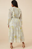 HK1223 Sage Womens Patch print V Neck Ruffled Long Sleeve Dress Back