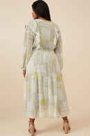 HK1223 Sage Womens Patch print V Neck Ruffled Long Sleeve Dress Back