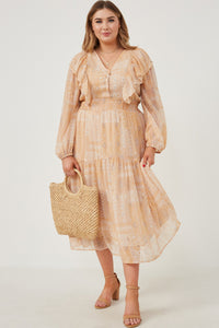 HK1223W Tan Plus Patch print V Neck Ruffled Long Sleeve Dress Full Body