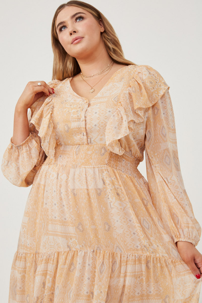 HK1223W Tan Plus Patch print V Neck Ruffled Long Sleeve Dress Front