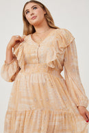 HK1223W Tan Plus Patch print V Neck Ruffled Long Sleeve Dress Front