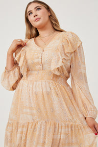 HK1223W Tan Plus Patch print V Neck Ruffled Long Sleeve Dress Front