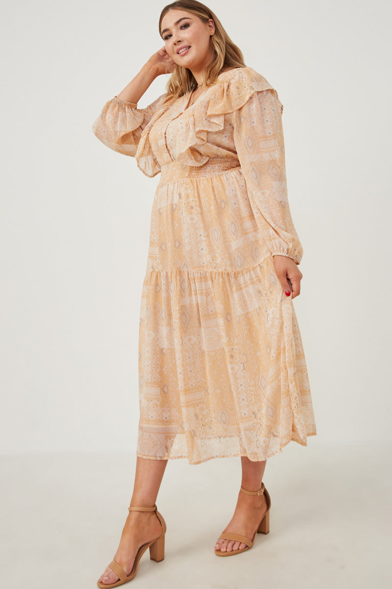 HK1223W Tan Plus Patch print V Neck Ruffled Long Sleeve Dress Side