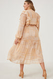 HK1223W Tan Plus Patch print V Neck Ruffled Long Sleeve Dress Back