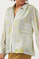 HK1224W Tan Plus Patch print Smocked Cuff Collared Shirt Front