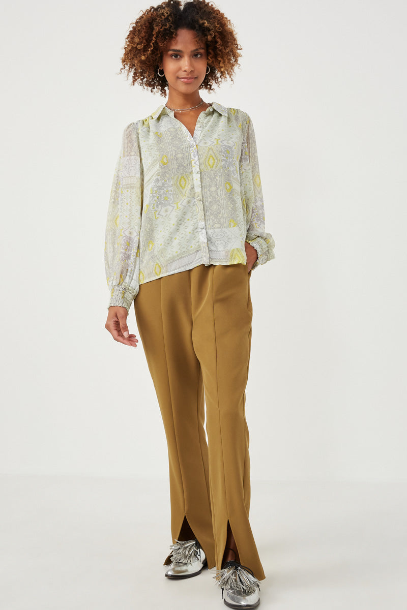 Patch Print Smocked Cuff Collared Shirt