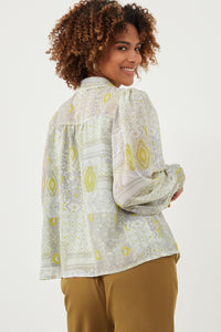 HK1224W Tan Plus Patch print Smocked Cuff Collared Shirt Side