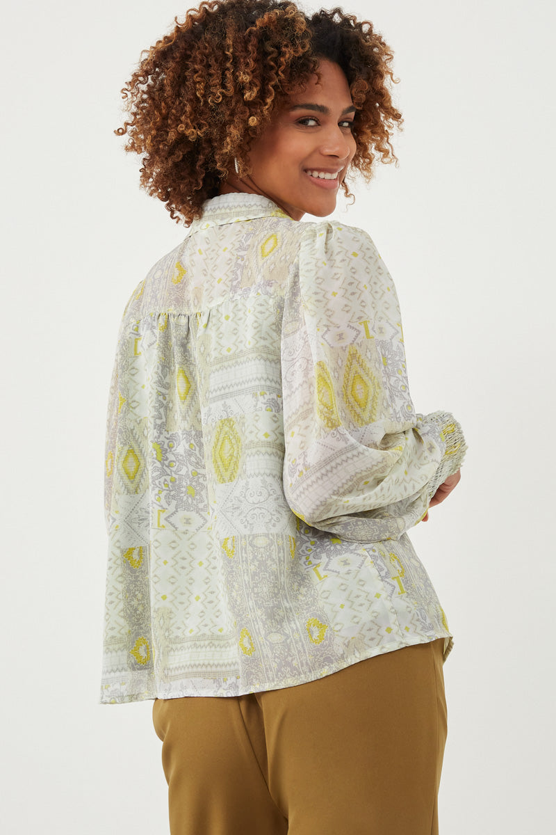 HK1224W Tan Plus Patch print Smocked Cuff Collared Shirt Side