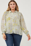 HK1224 Tan Womens Patch print Smocked Cuff Collared Shirt Front