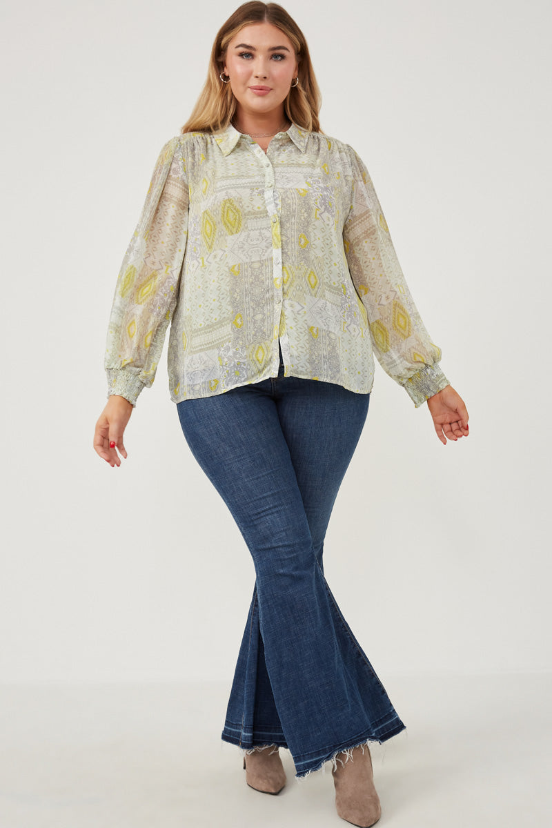 HK1224 Tan Womens Patch print Smocked Cuff Collared Shirt Detail