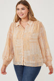 HK1224 Sage Womens Patch print Smocked Cuff Collared Shirt Detail