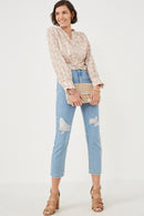 HK1226W Beige Plus Botanical Print Button Detail Top Gif