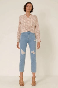 HK1226W Beige Plus Botanical Print Button Detail Top Front