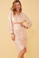 HK1274 Pink Womens Textured Iridescent Long Sleeve Wrap Dress Full Body
