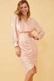 HK1274 Pink Womens Textured Iridescent Long Sleeve Wrap Dress Front