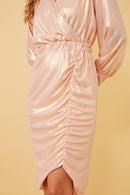 HK1274 Pink Womens Textured Iridescent Long Sleeve Wrap Dress Front