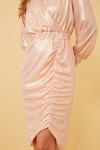 HK1274 Pink Womens Textured Iridescent Long Sleeve Wrap Dress Front