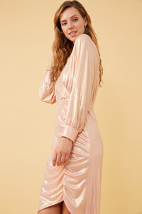 HK1274 Pink Womens Textured Iridescent Long Sleeve Wrap Dress Gif