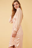 HK1274 Pink Womens Textured Iridescent Long Sleeve Wrap Dress Side