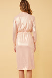 HK1274 Pink Womens Textured Iridescent Long Sleeve Wrap Dress Back