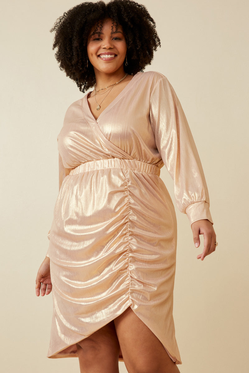 Textured Iridescent Long Sleeve Wrap Dress