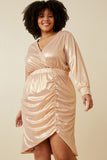 HK1274 Pink Womens Textured Iridescent Long Sleeve Wrap Dress Front