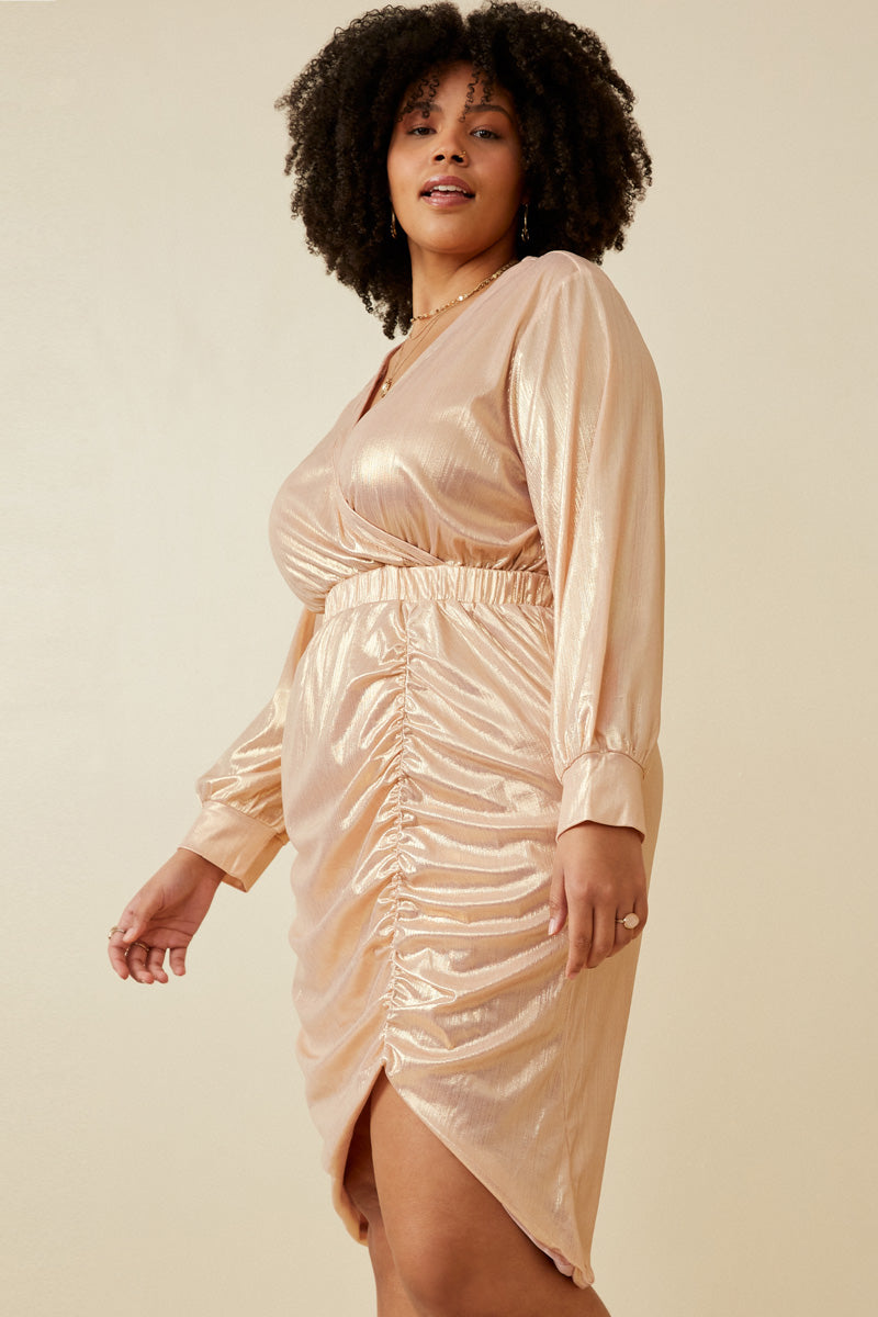 HK1274 Pink Womens Textured Iridescent Long Sleeve Wrap Dress Detail