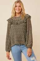 HK1307W Olive Plus Ditsy Floral Long Sleeve Ruffle Bibbed Top Back