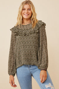 HK1307W Olive Plus Ditsy Floral Long Sleeve Ruffle Bibbed Top Back