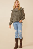 HK1307W Olive Plus Ditsy Floral Long Sleeve Ruffle Bibbed Top Full Body