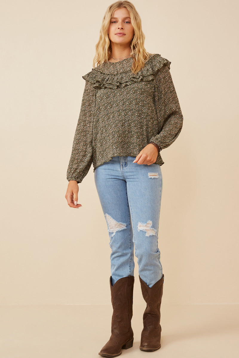 HK1307W Olive Plus Ditsy Floral Long Sleeve Ruffle Bibbed Top Full Body