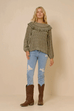 HK1307 Olive Womens Ditsy Floral Long Sleeve Ruffle Bibbed Top Gif