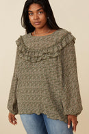 HK1307 Olive Womens Ditsy Floral Long Sleeve Ruffle Bibbed Top Front