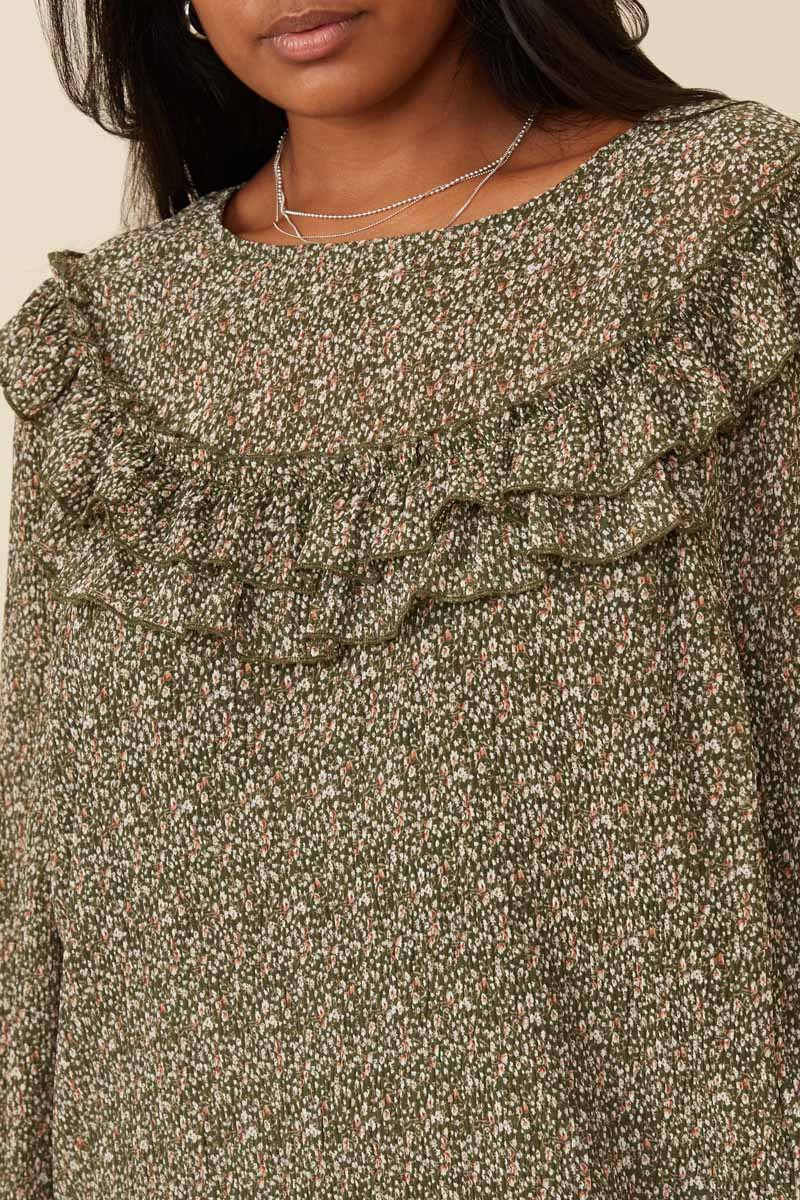 HK1307 Olive Womens Ditsy Floral Long Sleeve Ruffle Bibbed Top Full Body