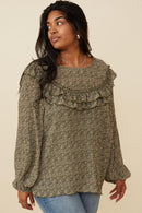HK1307 Olive Womens Ditsy Floral Long Sleeve Ruffle Bibbed Top Side