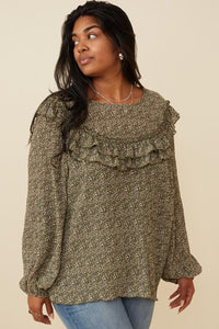 HK1307 Olive Womens Ditsy Floral Long Sleeve Ruffle Bibbed Top Side