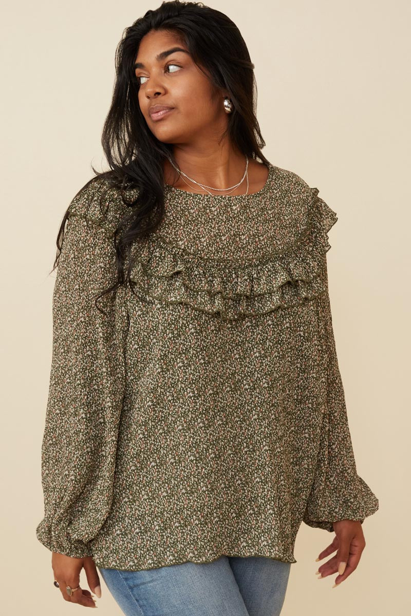 HK1307 Olive Womens Ditsy Floral Long Sleeve Ruffle Bibbed Top Side