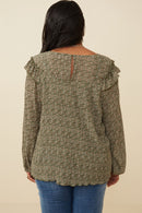 HK1307 Olive Womens Ditsy Floral Long Sleeve Ruffle Bibbed Top Back