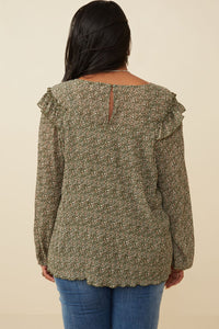 HK1307 Olive Womens Ditsy Floral Long Sleeve Ruffle Bibbed Top Back