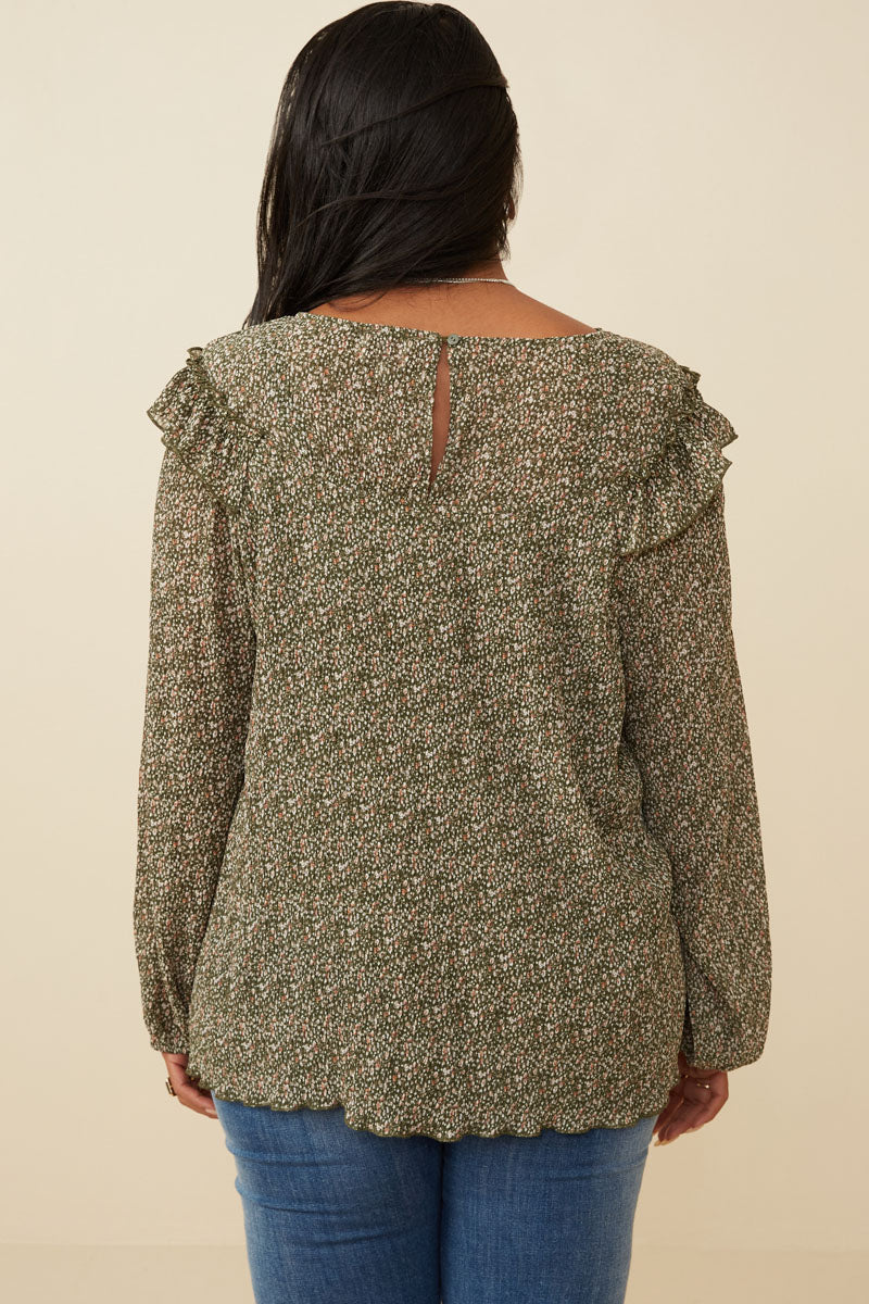 HK1307 Olive Womens Ditsy Floral Long Sleeve Ruffle Bibbed Top Back