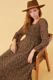 HK1326W BROWN Plus Ditsy Print Smocked Bust Long Sleeve Dress Front