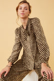 HK1331W Mocha Plus Animal Print Long Sleeve Tie Detail Shirt Front