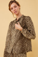 HK1331W Mocha Plus Animal Print Long Sleeve Tie Detail Shirt Detail