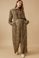 HK1331 Mocha Womens Animal Print Long Sleeve Tie Detail Shirt Detail