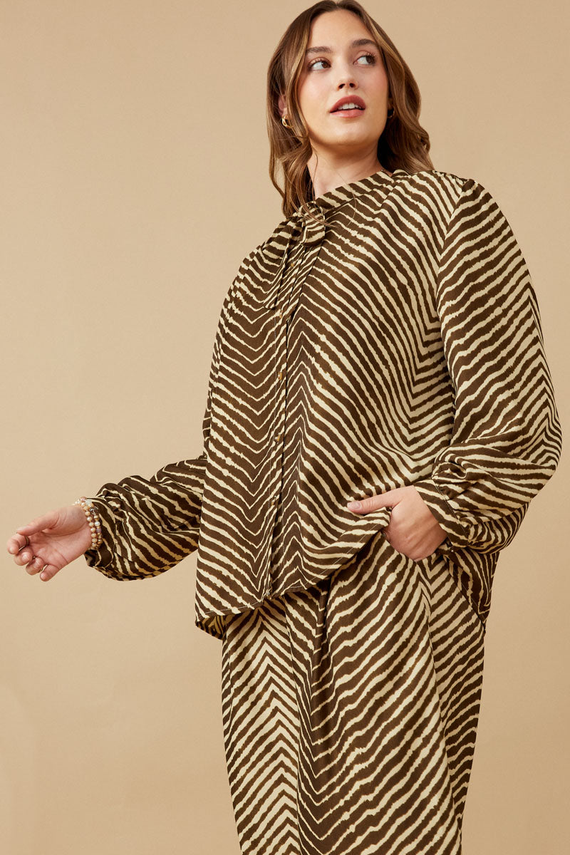 HK1331 Mocha Womens Animal Print Long Sleeve Tie Detail Shirt Full Body