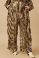 HK1332 Mocha Womens Animal Print Pleated Detail Wide Leg Pants Front
