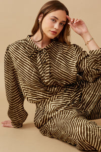 HK1332W Mocha Plus Animal Print Pleated Detail Wide Leg Pants Front