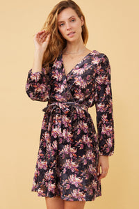 HK1348W NAVY Plus Floral Burnout Velvet Belted Wrap Dress Front