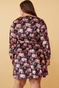 HK1348 NAVY Womens Floral Burnout Velvet Belted Wrap Dress Back